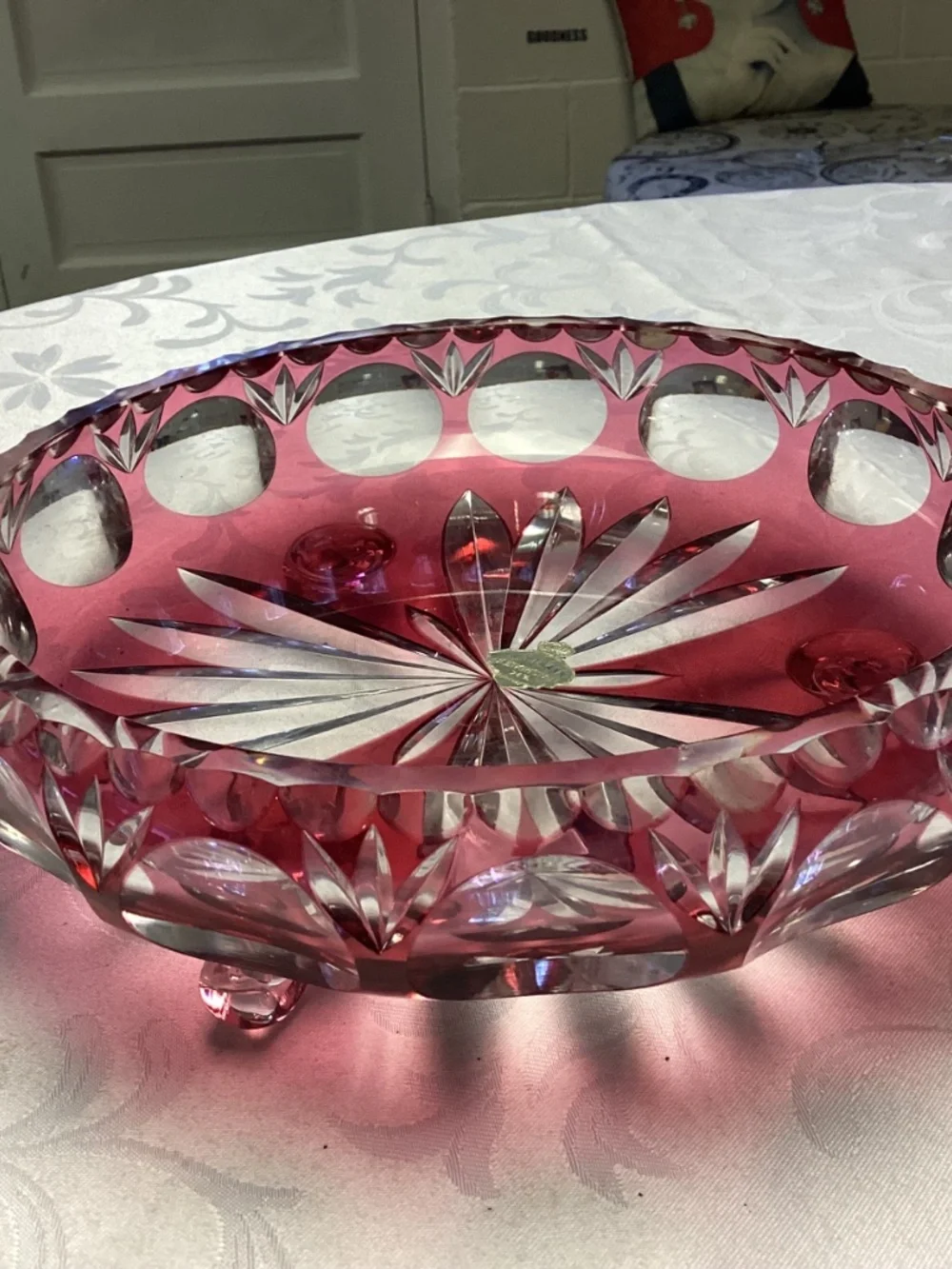 Nachtmann Bramberg Crystal Glass Bowl Cut Cranberry Czech Bohemian FOOTED